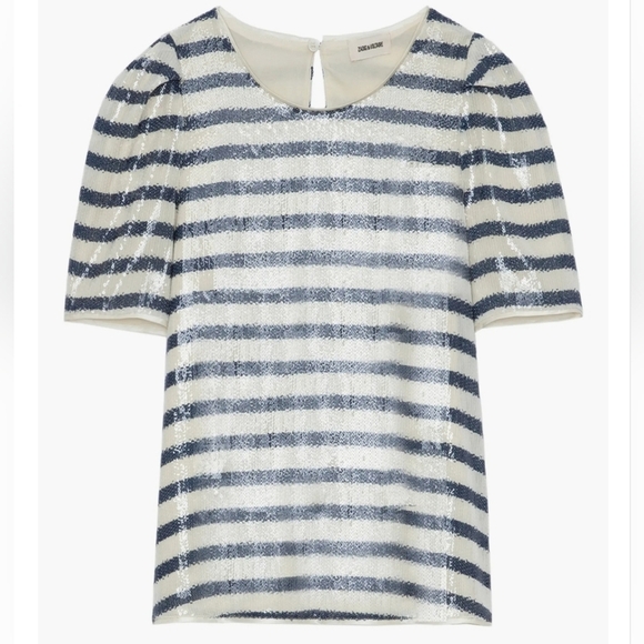 Zadig & Voltaire Tchao Sequin Striped Nautical Short Sleeve Top - Picture 1 of 12